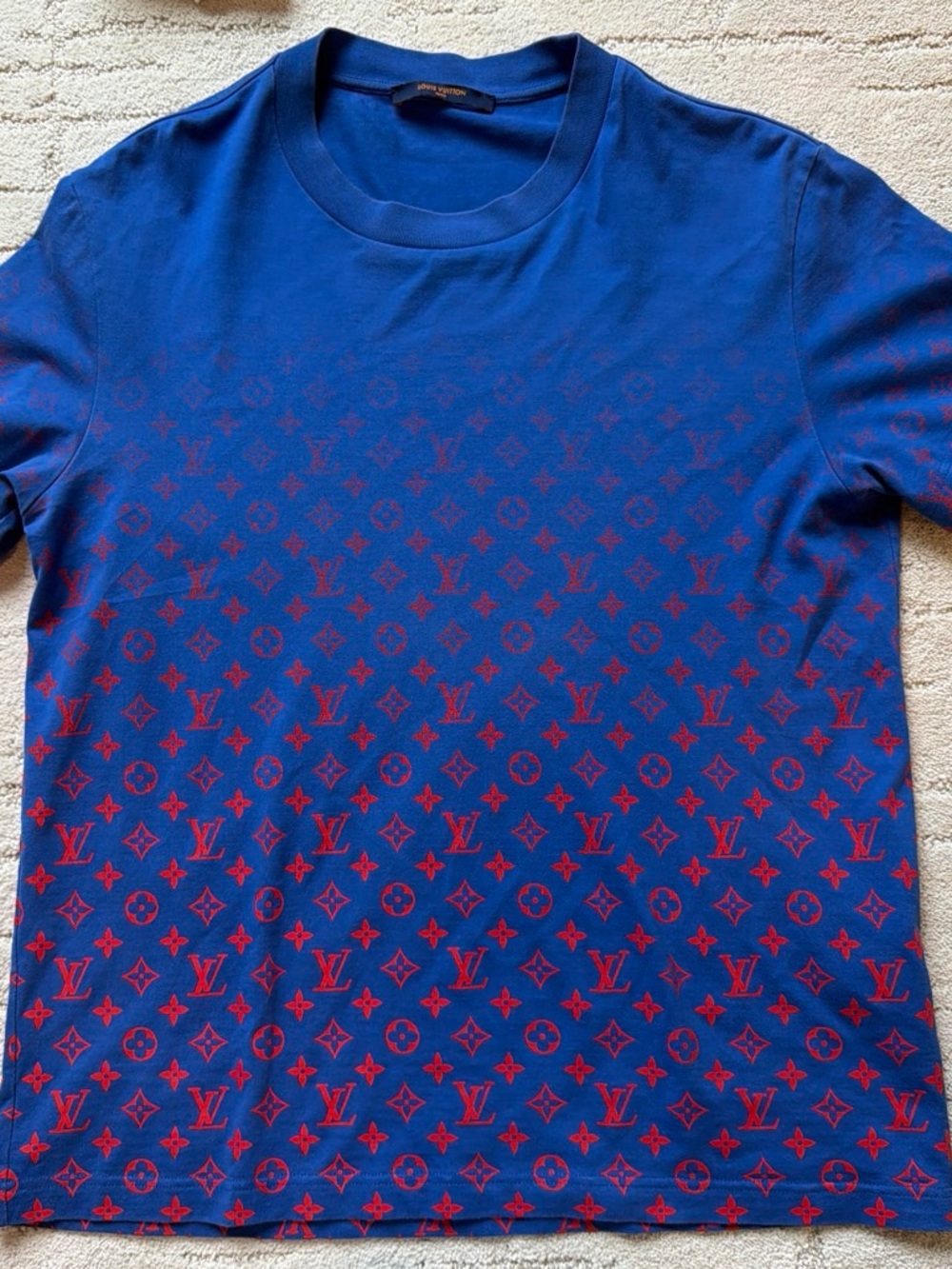 Authentic Louis Vuitton Blue and Red Monogram Short-Sleeve Men's Shirt